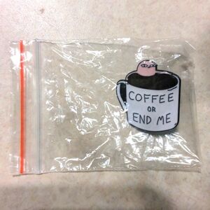 4/$20 Pink creature in mug of coffee "coffee or end me" enamel pin